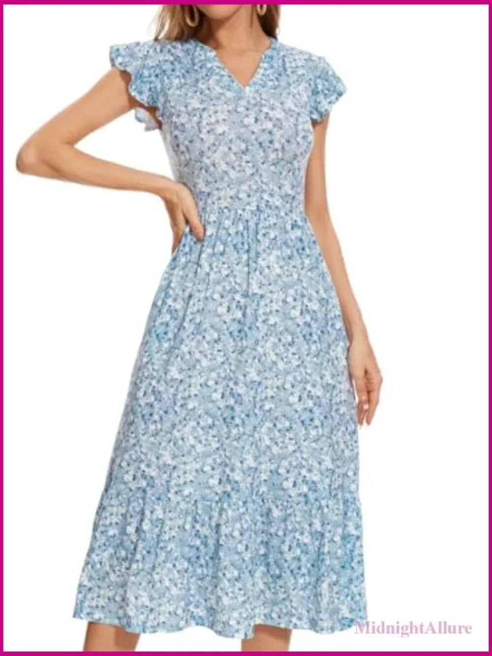 Midi Dress with Pockets Ruffle Sleeve Notched Neck A-Line Boho Beach Sundress